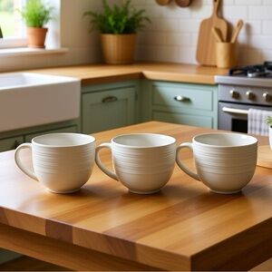 Tabletops Gallery Natalie White Ribbed Coffee Mugs Set (3) modern farmhouse